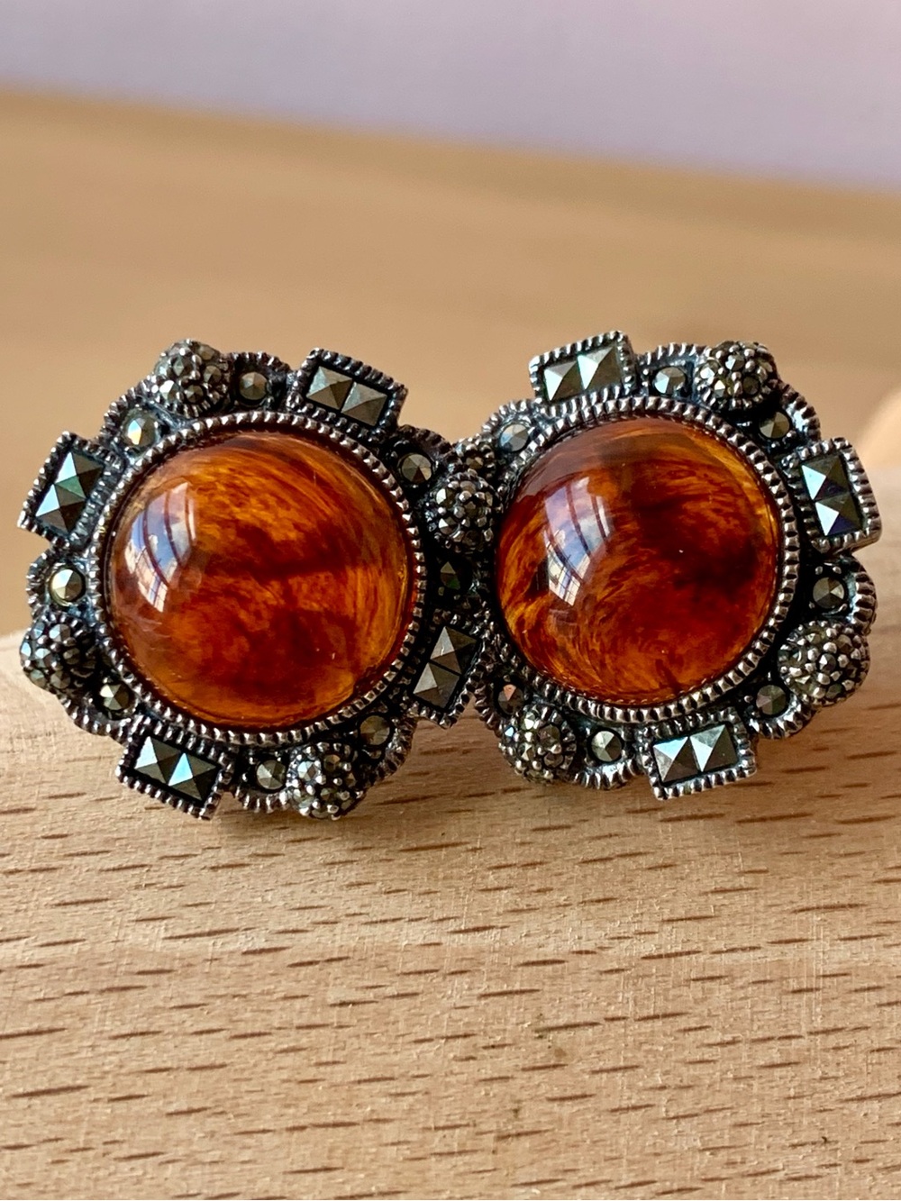 VINTAGE JUDITH JACK LARGE TORTOISE FAUX AMBER MARCASITE OMEGA EARRINGS 925 SS